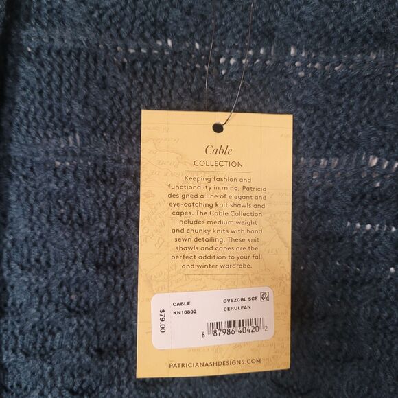 NEW Patricia Nash Oversized Fringe Scarf Blue Cable Knit Shawl 26x88 Chunky Wrap - Picture 2 of 7